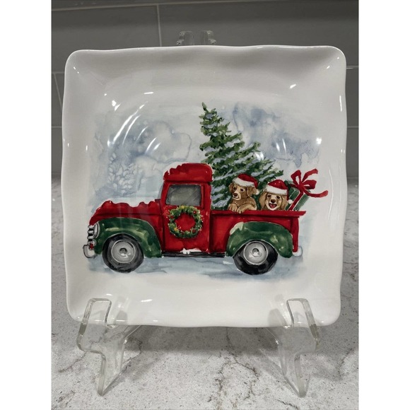 Set 2 Red Truck W/ Dogs & Christmas Tree 8.5” Square Salad Dessert Snack Plates - Picture 1 of 8
